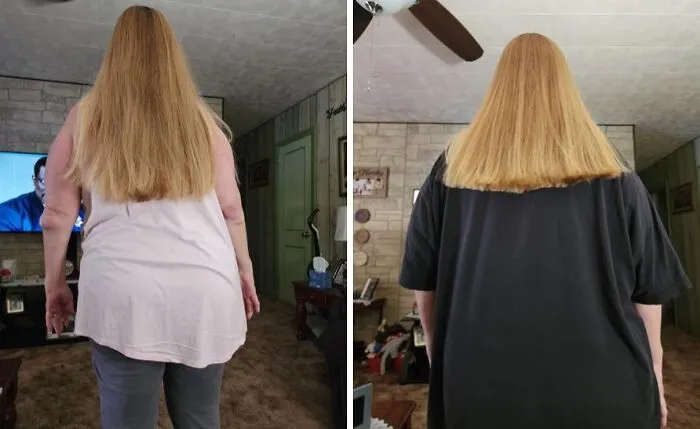 Side-by-side images of a person with long, uneven blonde hair showcasing disastrous hairstyles from behind.