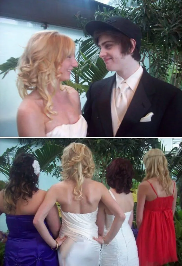 Group of people at formal event showing disastrous hairstyles that may make you question life decisions with various hair colors and styles.