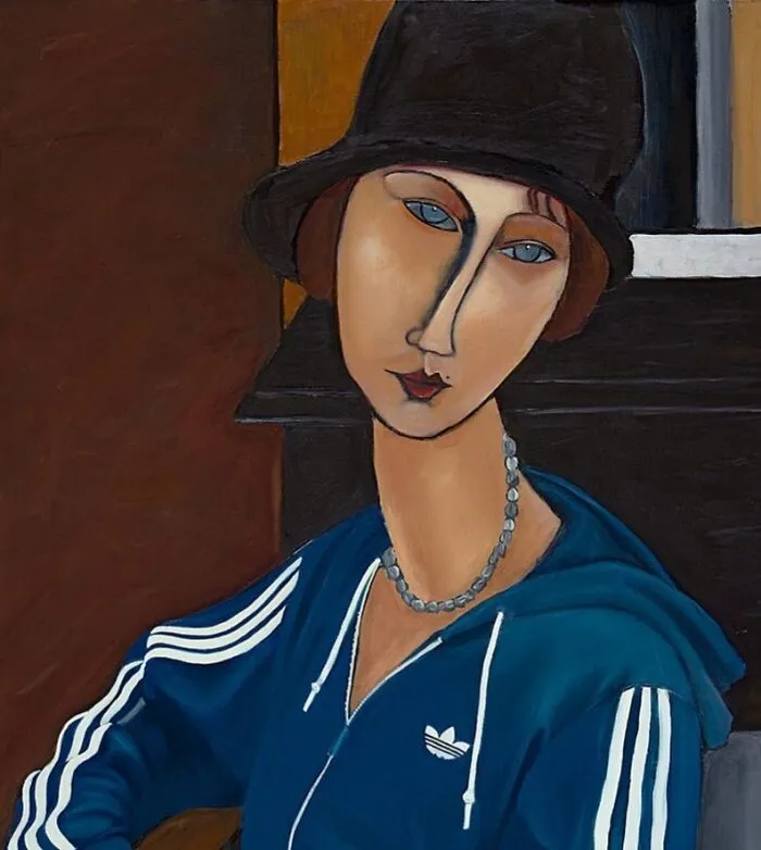 Scottish artist reinterpretation of classic portrait: woman in black cloche hat in blue tracksuit with chain necklace