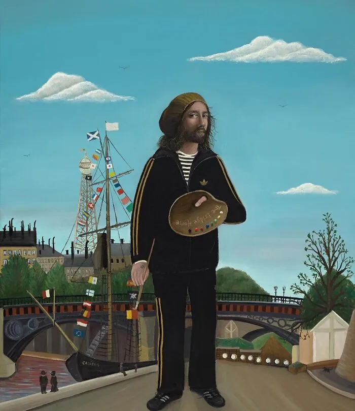 Scottish artist in black tracksuit holding paint palette on riverside with ship and bridge