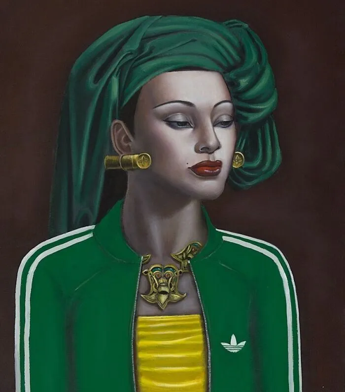 Painting by Scottish artist: portrait of woman in green turban, Adidas-style jacket and gold jewelry.