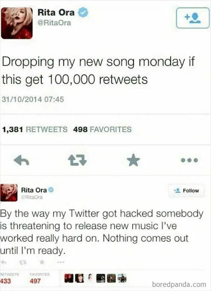 Tweet screenshot of a pop culture moment where Rita Ora addresses a hacked account amid music release threats, causing cringe.