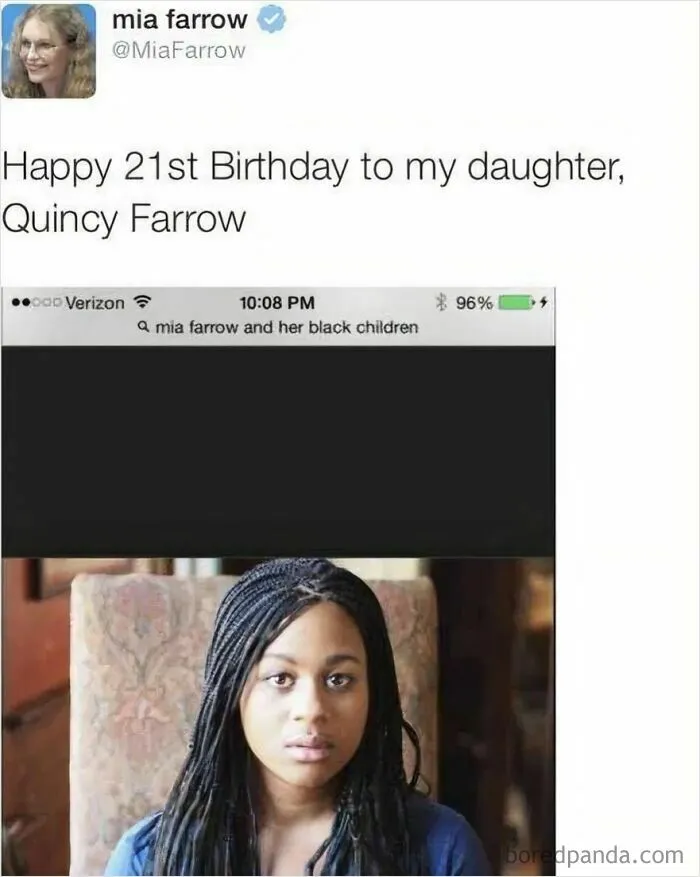 Tweet from Mia Farrow wishing a happy 21st birthday to her daughter with a controversial pop culture moment.
