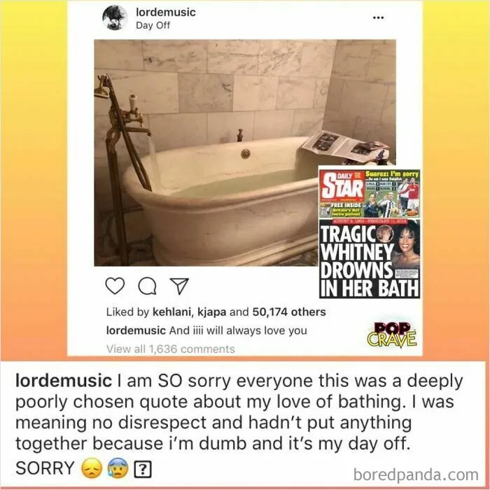 Instagram post showing a bathtub and a controversial caption, highlighting cringe-worthy pop culture moments.