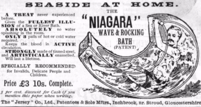 El baño Niagara Wave & Rocking (década de 1890) fue una forma temprana de hidroterapia. El fabricante prometía una simulación precisa de la "costa" y buena salud mediante una mejor circulación.