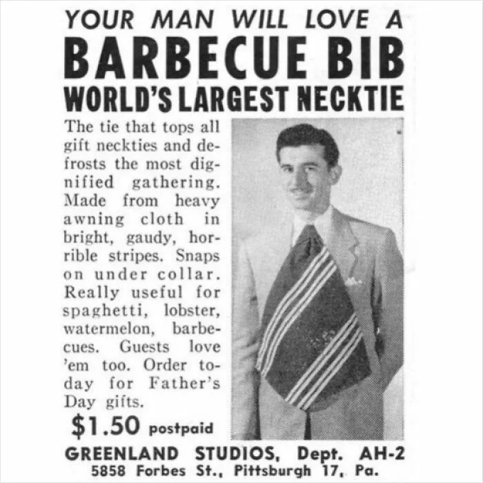 "Hecho de tela gruesa con rayas brillantes, llamativas y horribles." Lo que el desaliñado bien vestido usa para almorzar: un babero para barbacoas que parece una corbata