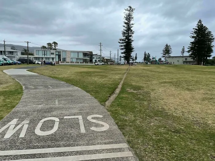 Concrete sidewalk beside a worn desire path in a grassy area showing how cities plan versus actual walking routes.