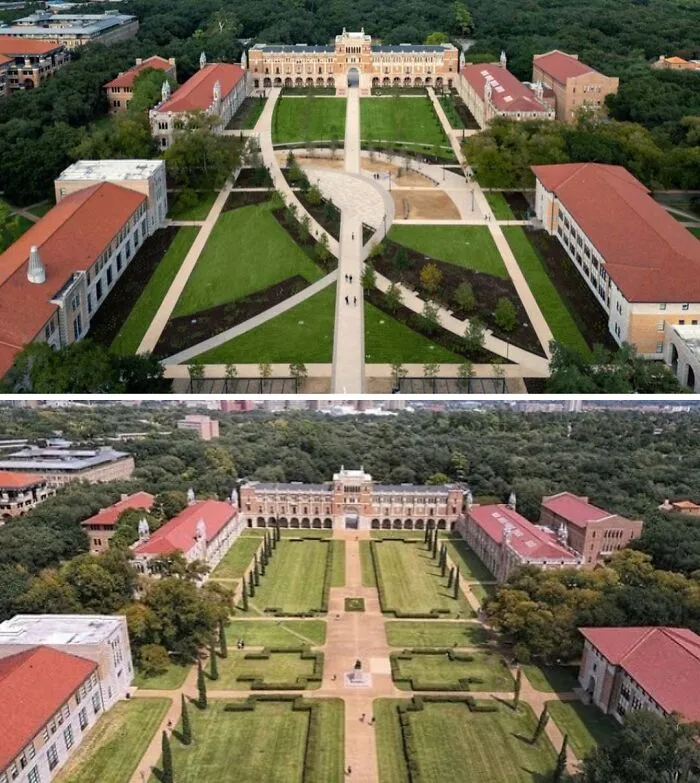 Aerial view comparing city desire paths with planned walkways in a landscaped urban green space.
