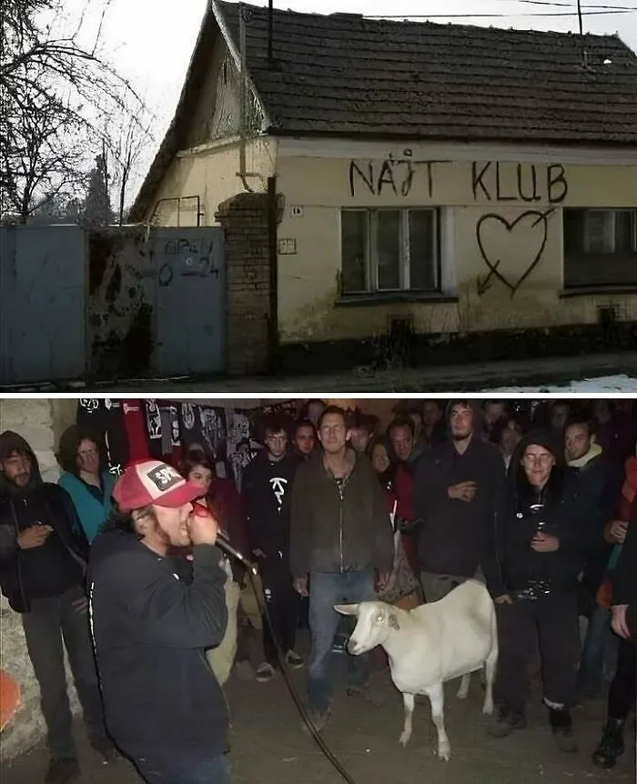 Graffiti on a house and a crowd with a man performing near a goat, capturing the Eastern European experience humorously.