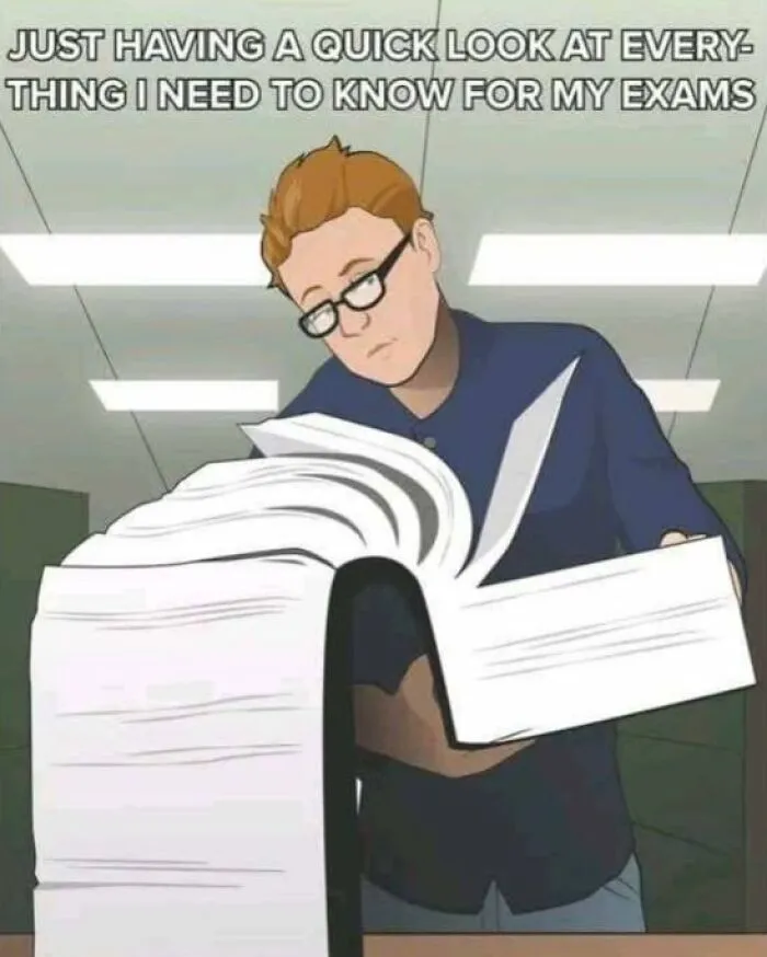 Person wearing glasses reading a huge book, humor meme showing exam preparation and healthcare expense stress.
