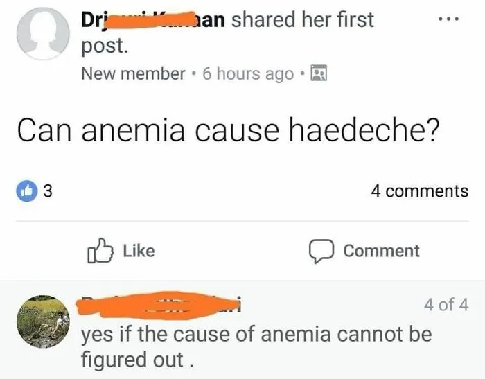 Social media post humor about anemia causing headache, related to memes and healthcare humor about medical issues.
