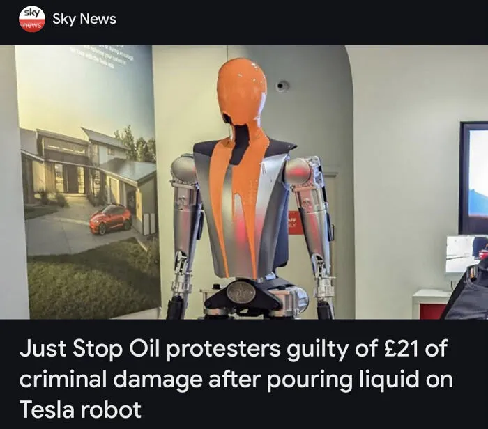 Tesla robot with liquid poured on it by protesters, featured in wild incidents making headlines recently.
