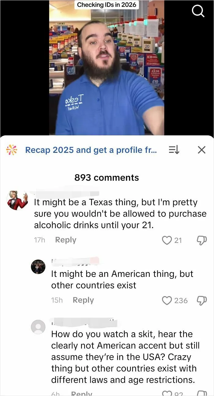 Man in a store uniform discussing checking IDs with ridiculous American internet comments roasting age laws.