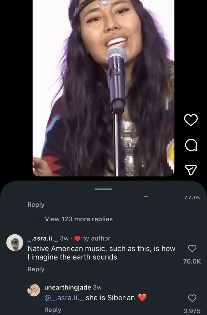 Woman singing into a microphone with comments showing a ridiculous American internet comment and correction online