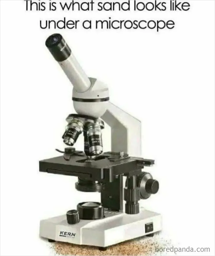 Microscope on sand with caption humor meme highlighting healthcare cost and laughter as the best medicine.