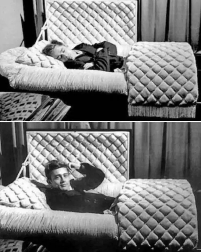 James Dean posando dentro de un ataúd para una foto, tan solo 7 meses antes de su fallecimiento en un accidente automovilístico en septiembre de 1955.