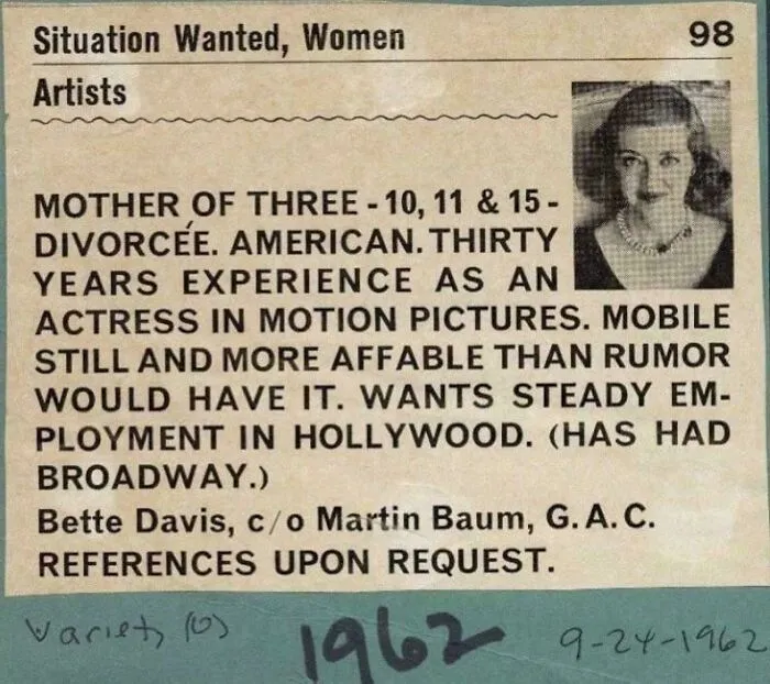 In 1962, Bette Davis Published This Advertisement In Variety