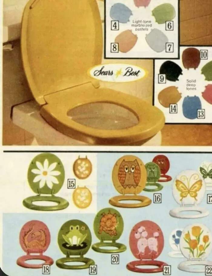 Asientos de inodoro divertidos, de Sears. 1972