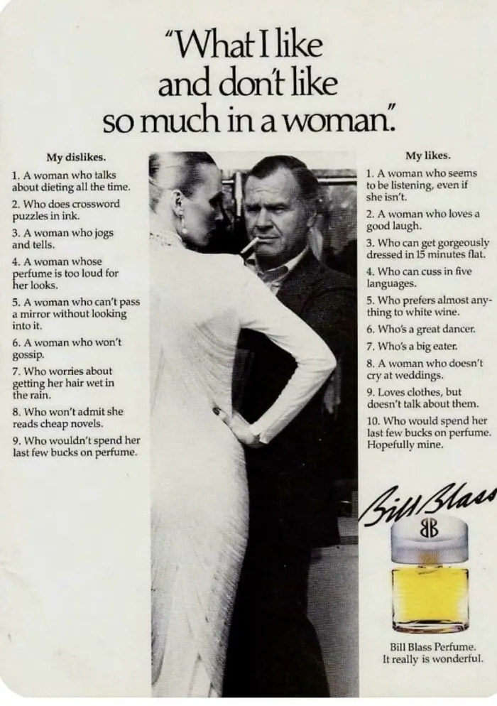 What I Like & Don’t Like In A Woman - Bill Blass Perfume Ad 1983