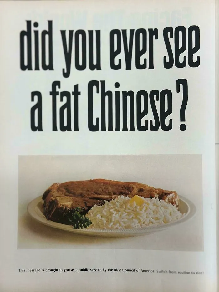 1967 - El Consejo del Arroz de América intenta ganarse el apoyo de los partidarios de la "carne y las patatas": "¿Alguna vez has visto a un chino gordo?"