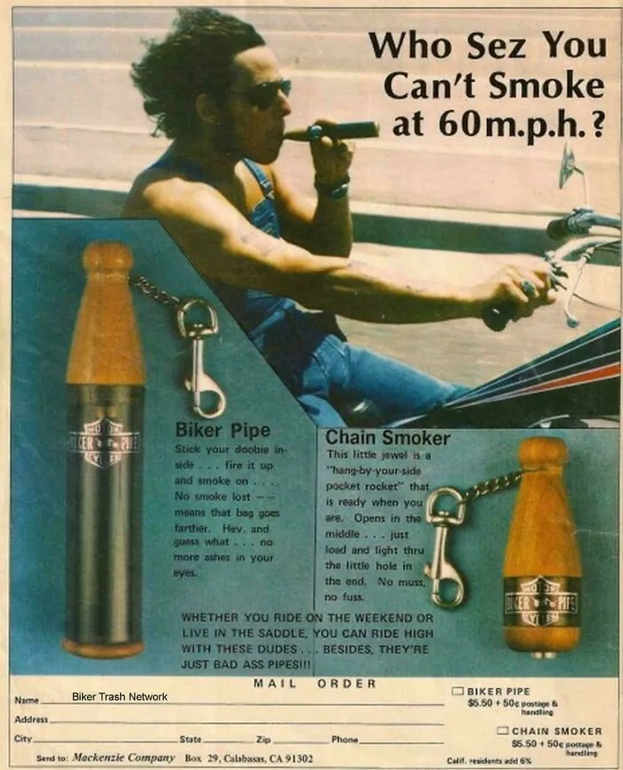 ¿Quién dice que no puedes fumar a 60 millas por hora? Pipa para moteros, 1980