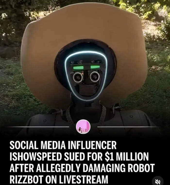 Robot Rizzbot damaged during livestream, a wild incident making headlines involving social media influencer iShowSpeed.