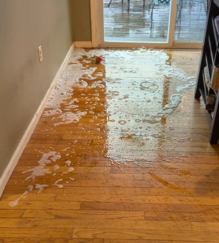 Suelo de madera cubierto de agua y espuma tras error doméstico divertido de novias y esposas que causó un desastre inesperado.