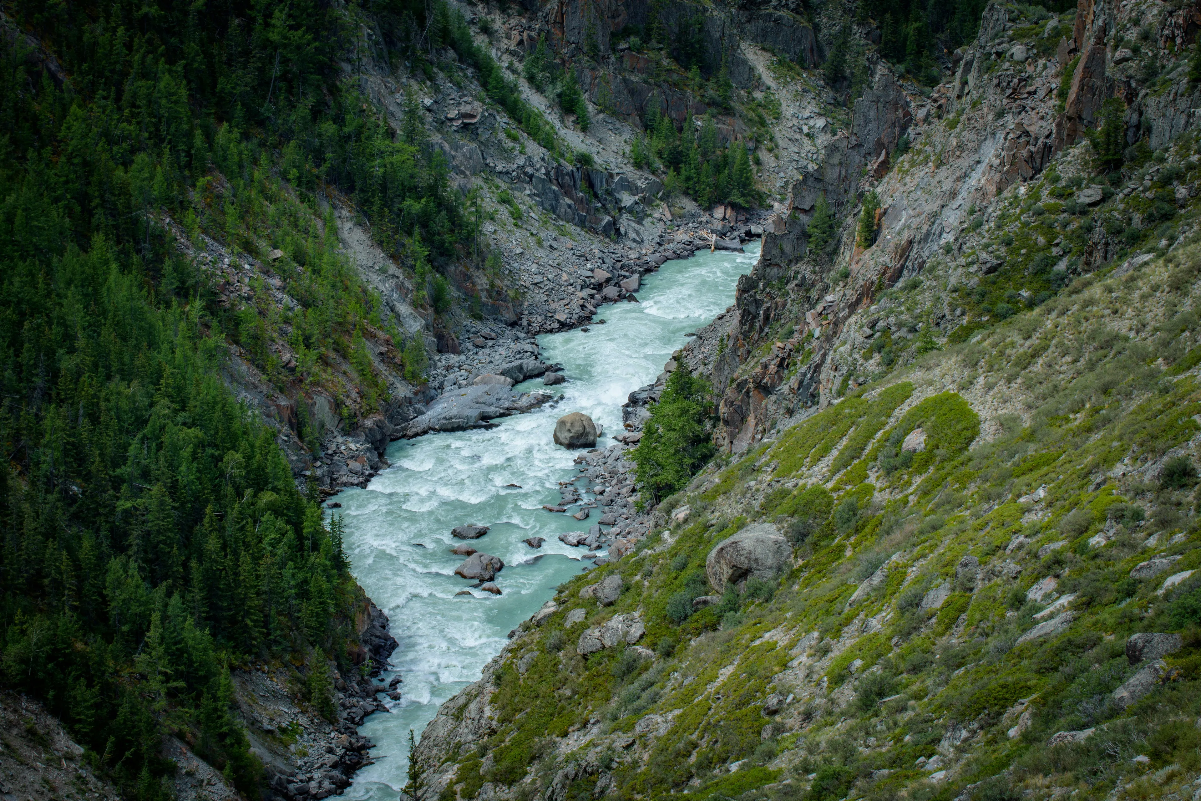 Mountain river flowing through rocky cliffs and dense forest, showcasing a famous world river landscape.