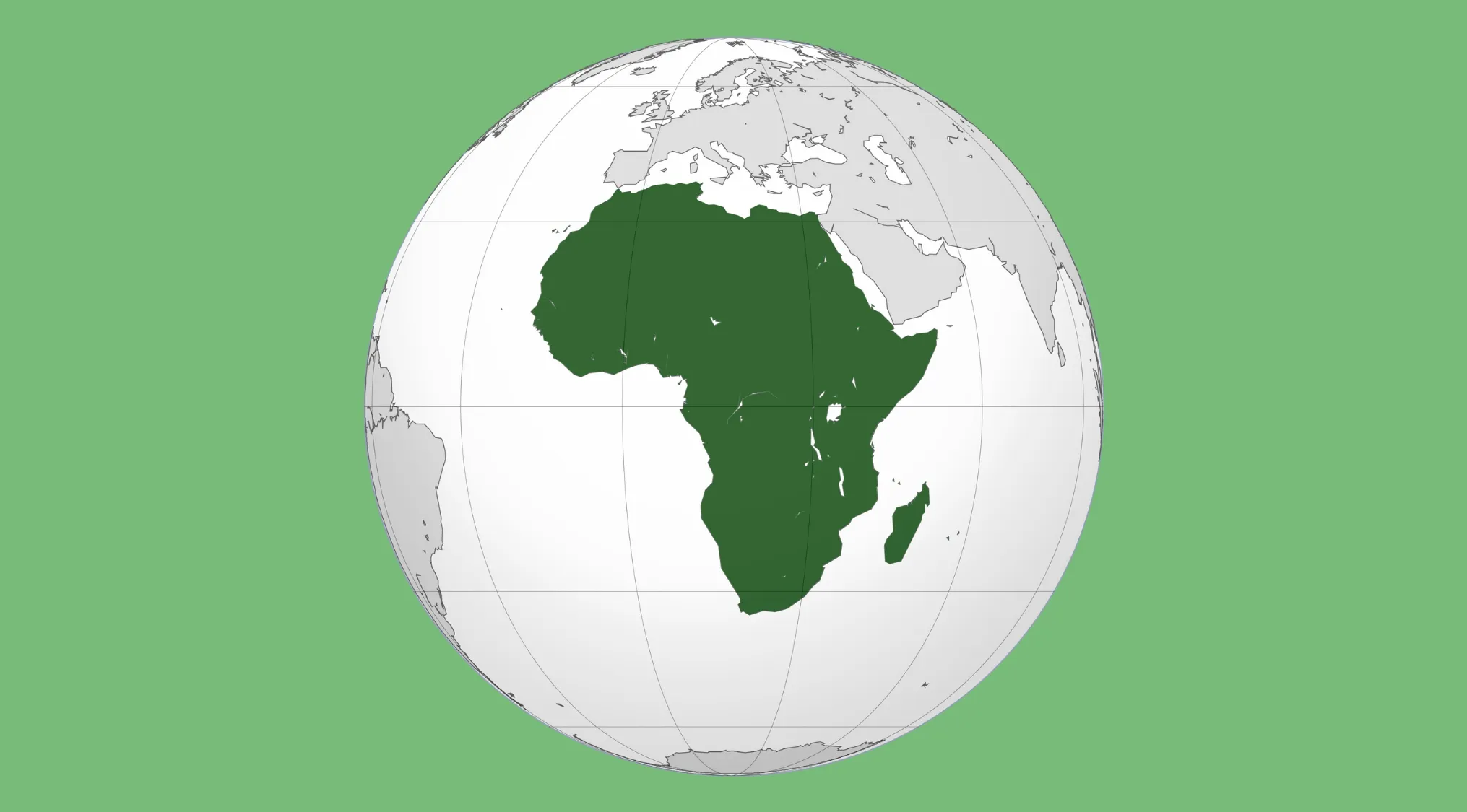 3D globe showing the continent of Africa highlighted in green with other continents in gray on a green background