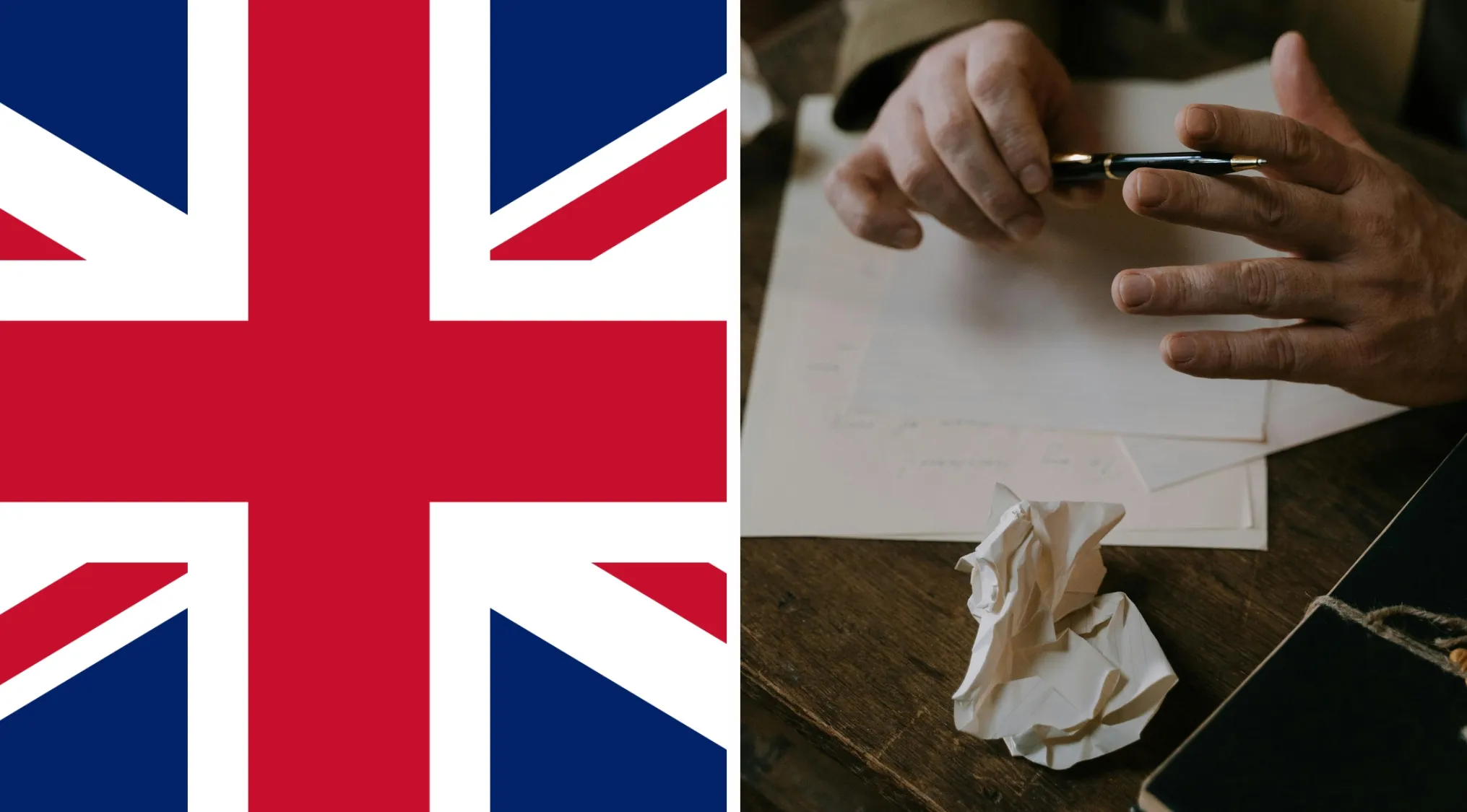 Close-up of a person holding a pen near paper with crumpled sheet, next to a British flag, symbolizing deadly decoys.