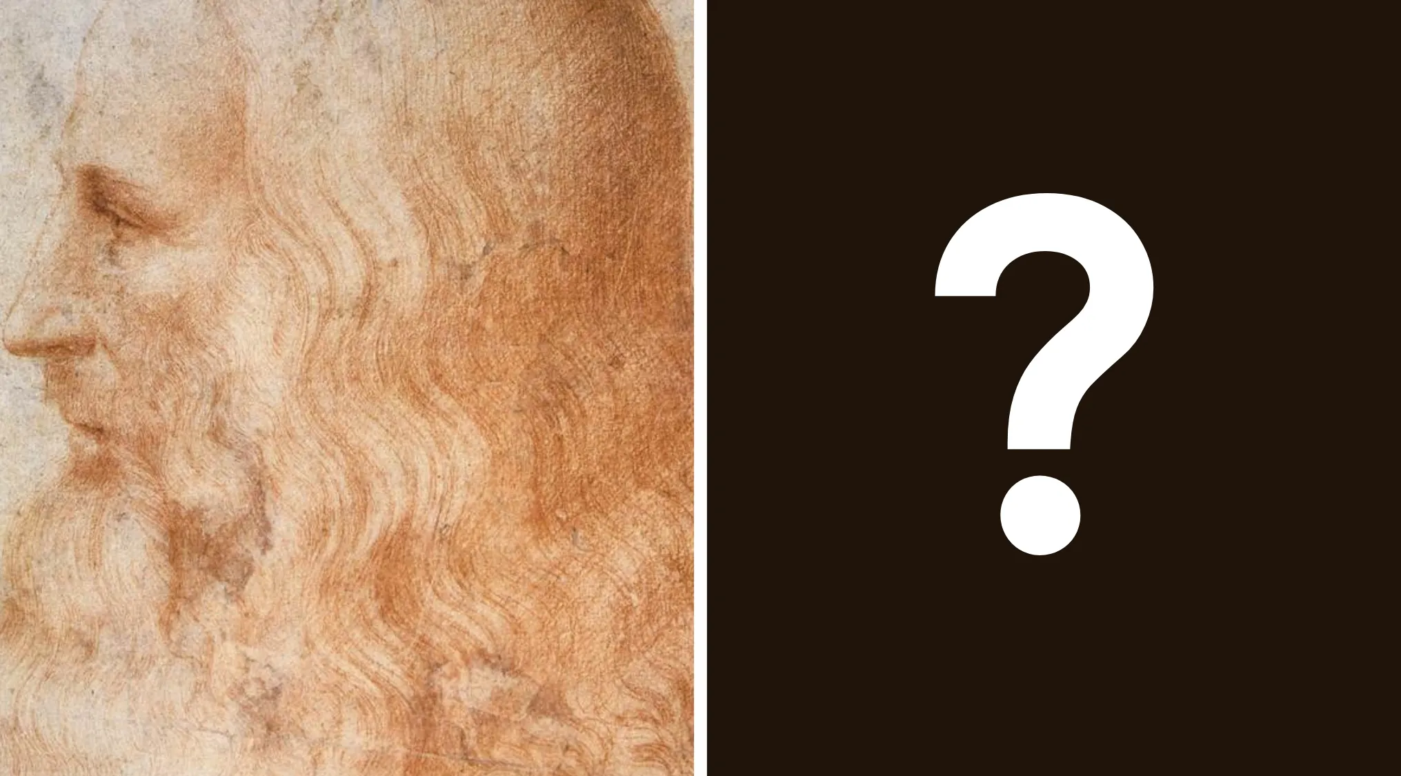 Leonardo da Vinci sketch of a long-haired man in profile paired with a large white question mark on black background