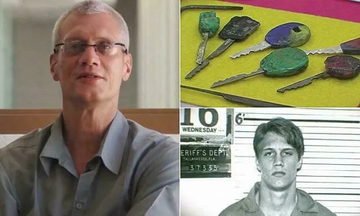 Montage of a man discussing unsettling history and crime, old keys as evidence, and a vintage mugshot photo.