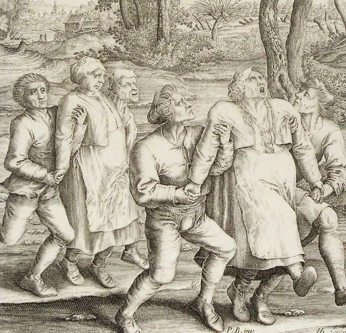 Historical black and white illustration of people in distress, depicting unsettling crime and history events.