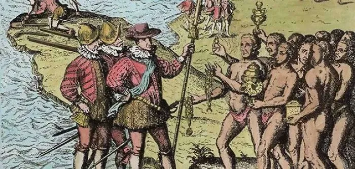 Historical illustration showing unsettling history and crime involving explorers meeting indigenous people by the shore during an early encounter.
