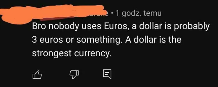 Screenshot of a dumb comment about currency, illustrating why Americans write such dumb comments online.