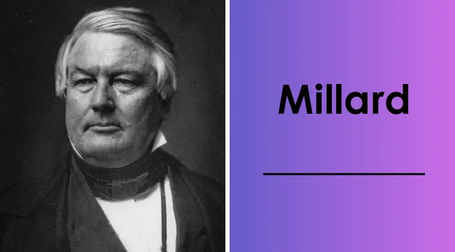 Black and white portrait of Millard Fillmore, the 13th U.S. president, next to text showing his first name Millard.