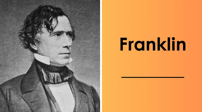 Portrait of the 14th U.S. president with the last name Franklin, shown next to his surname on an orange background.