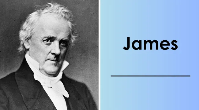 Black and white portrait of a U.S. president with text asking for the 15th president's last name James.