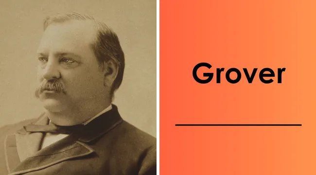Portrait of Grover Cleveland, the 22nd and 24th U.S. president, with his last name displayed on an orange background.
