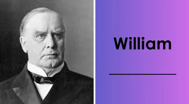 Black and white portrait of the 25th U.S. president with the last name William shown on a purple gradient panel.