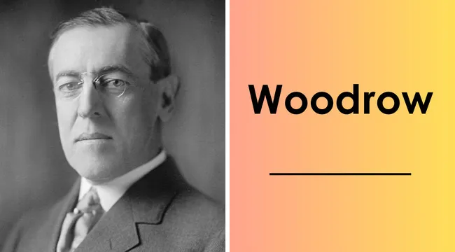Black and white photo of the 28th U.S. president Woodrow Wilson alongside his last name on a gradient background.