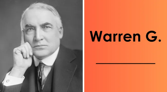 Black and white portrait of Warren G., the 29th U.S. president, with text on an orange background.