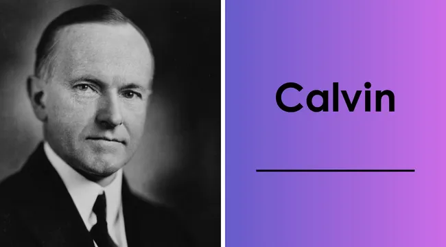 Black and white portrait of the 30th U.S. president with the last name Calvin on a purple gradient background.