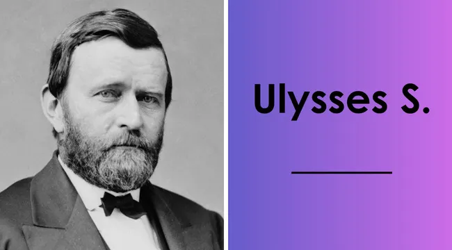 Black and white portrait of Ulysses S. Grant, 18th U.S. president, with last name prompt on purple background.