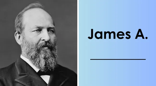Black and white portrait of a bearded man with text asking for the last name of the 20th U.S. president.