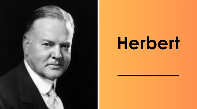 Black and white portrait of Herbert Hoover, the 31st U.S. president, with his last name on an orange background.