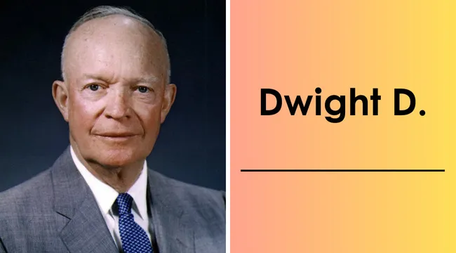 Portrait of Dwight D. Eisenhower, the 34th U.S. president, in a suit and tie with a dark background.