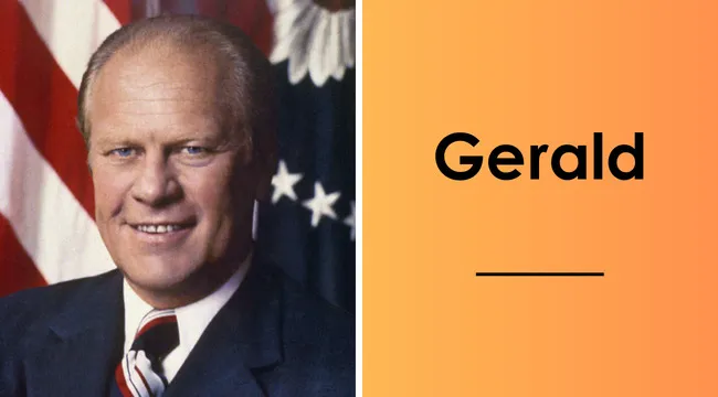 Portrait of 38th U.S. president Gerald Ford smiling with American flag and presidential seal in background.