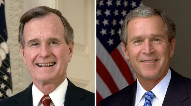 Portraits of George H. W. Bush and George W. Bush, two U.S. presidents sharing the same last name.