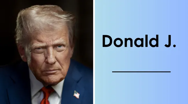 Portrait of Donald Trump with text asking for the last name of the 45th and 47th U.S. presidents.
